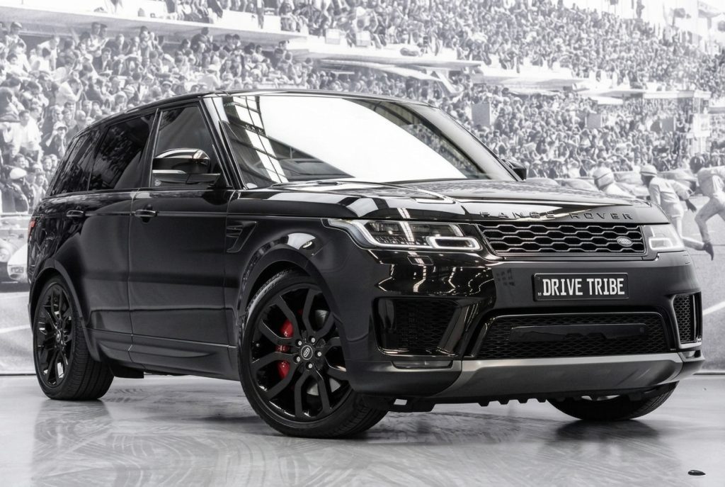 Black 2022 Land Rover Range Rover Sport, front three-quarter view, available for hire in Sydney