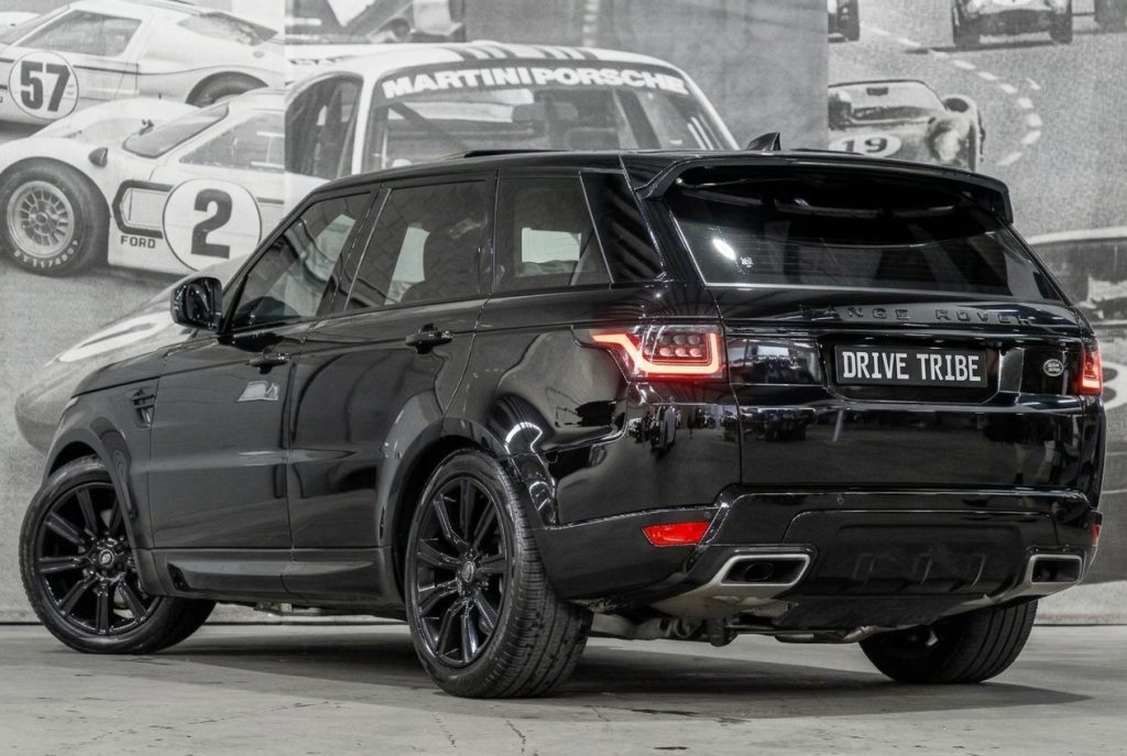 Black 2020 Land Rover Range Rover Sport 7-Seat, rear three-quarter view, available for hire in Sydney