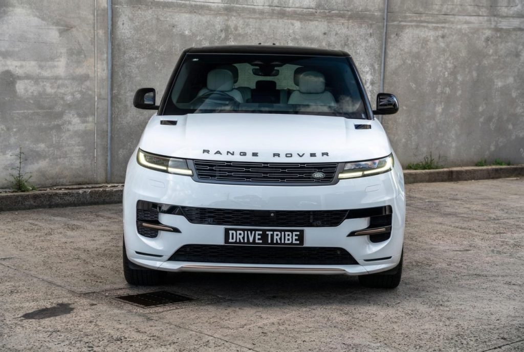 White 2023 Land Rover Range Rover Sport, front view, available for hire in Sydney
