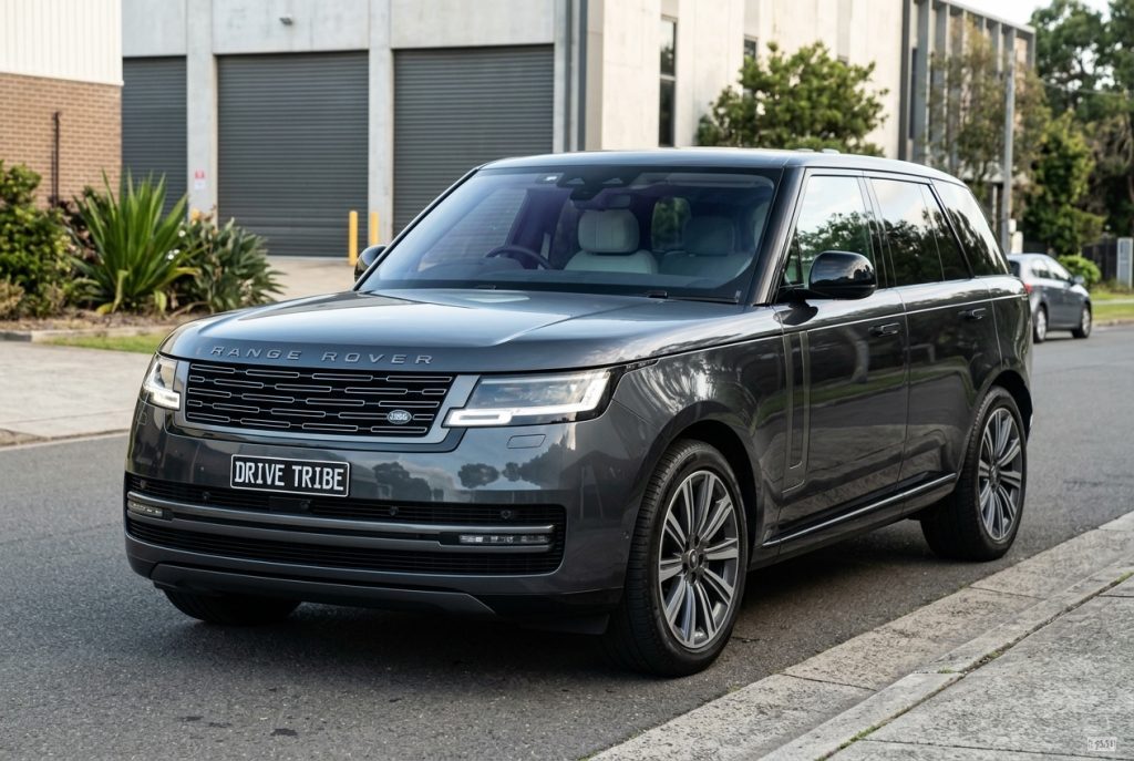 Grey Land Rover Range Rover, front three-quarter view, available for hire in Sydney