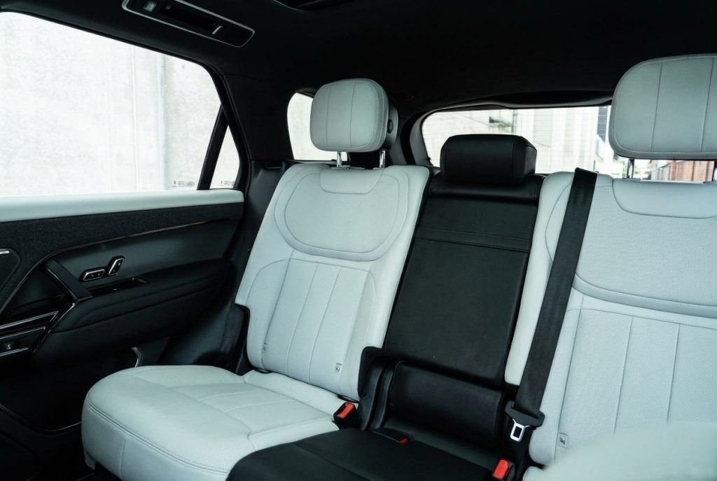 Rear seats of the white 2023 Land Rover Range Rover Sport, available for hire in Sydney