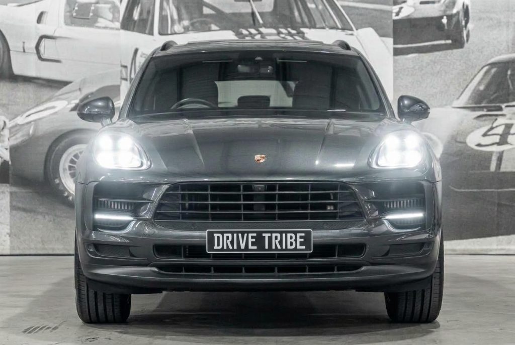 Grey 2019 Porsche Macan, front view, available for hire in Sydney