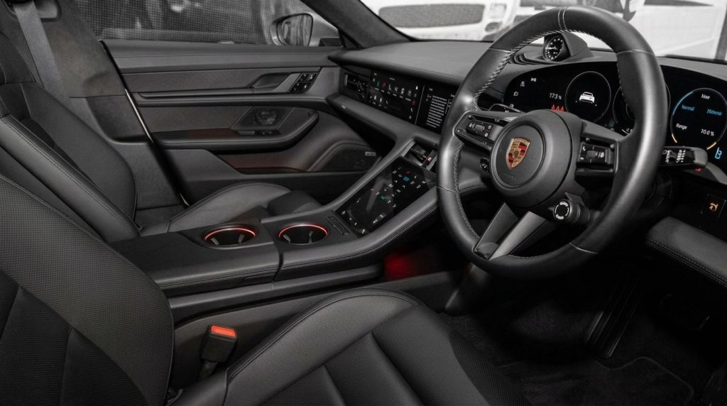 Interior of the silver 2021 Porsche Taycan Turbo, available for hire in Sydney