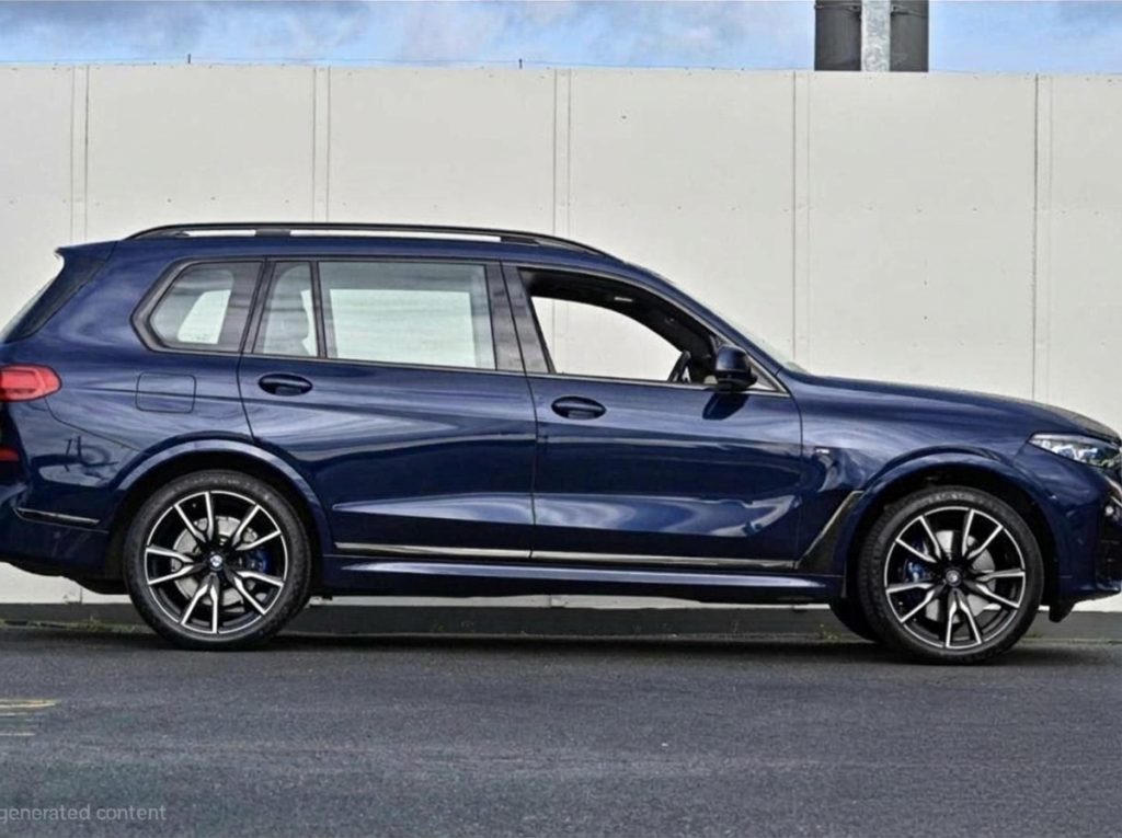 Blue 2019 BMW X7 xDrive30d, side profile, available for hire in Sydney