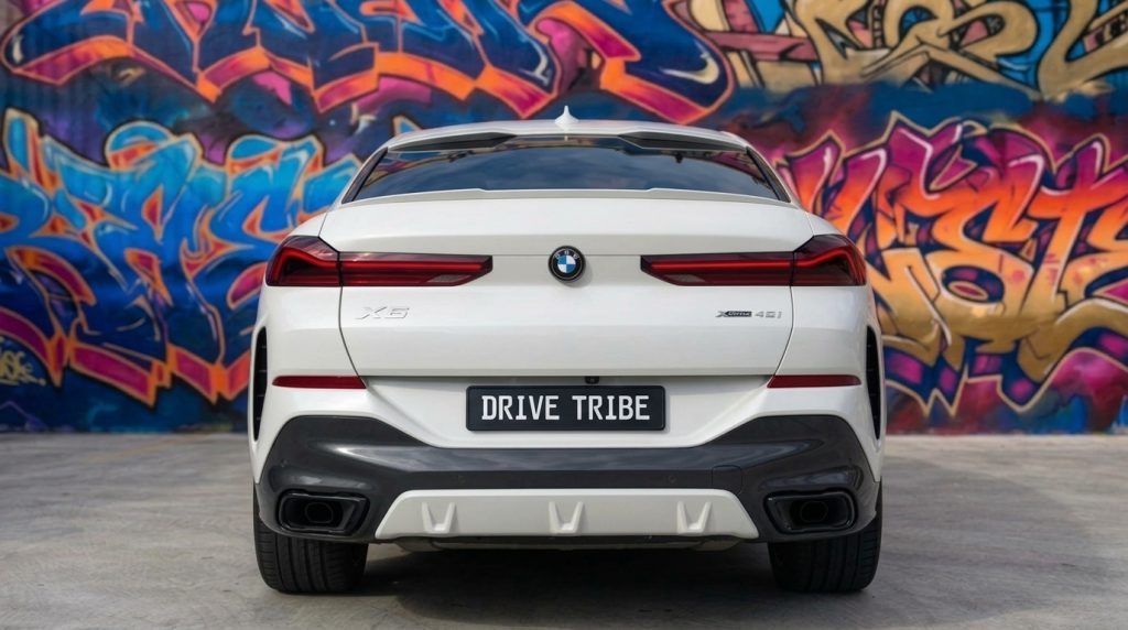 White 2022 BMW X6 xDrive40i M Sport, rear view, available for hire in Sydney