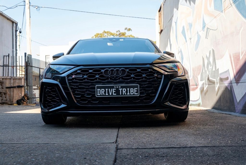 Black 2022 Audi RS 3 Sportback, front view, available for hire in Sydney