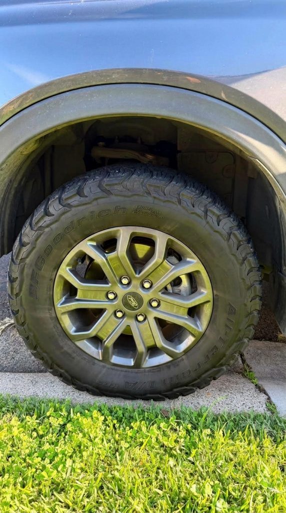 Wheel of the grey 2022 Ford Ranger Wildtrak 4x4, available for hire in Sydney