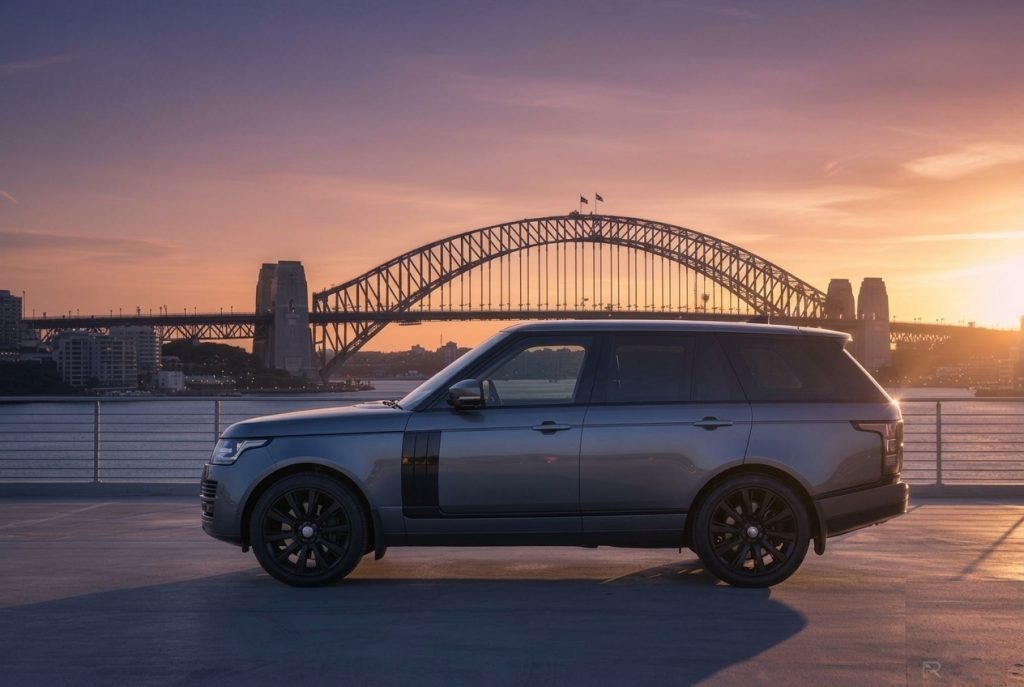 Grey 2013 Land Rover Range Rover Vogue, side profile, available for hire in Sydney