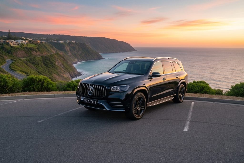 Black 2019 Mercedes-Benz GLS, front three-quarter view, available for hire in Sydney