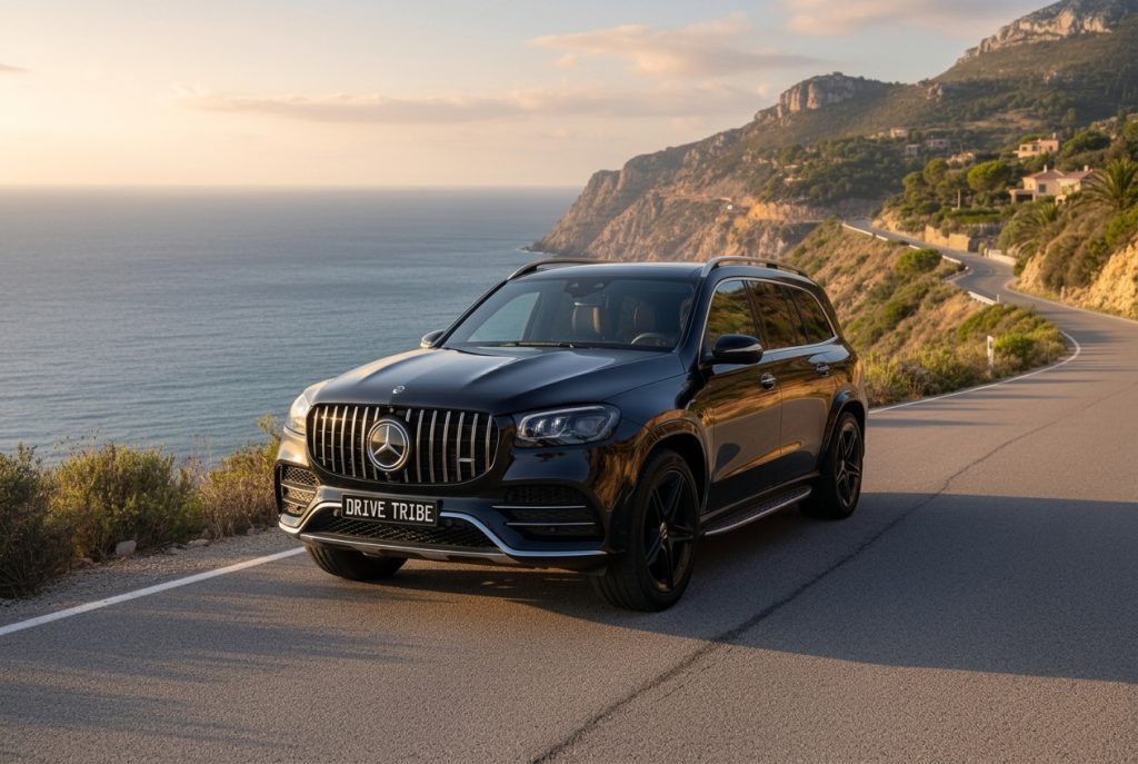 Black 2019 Mercedes-Benz GLS, front three-quarter view, available for hire in Sydney